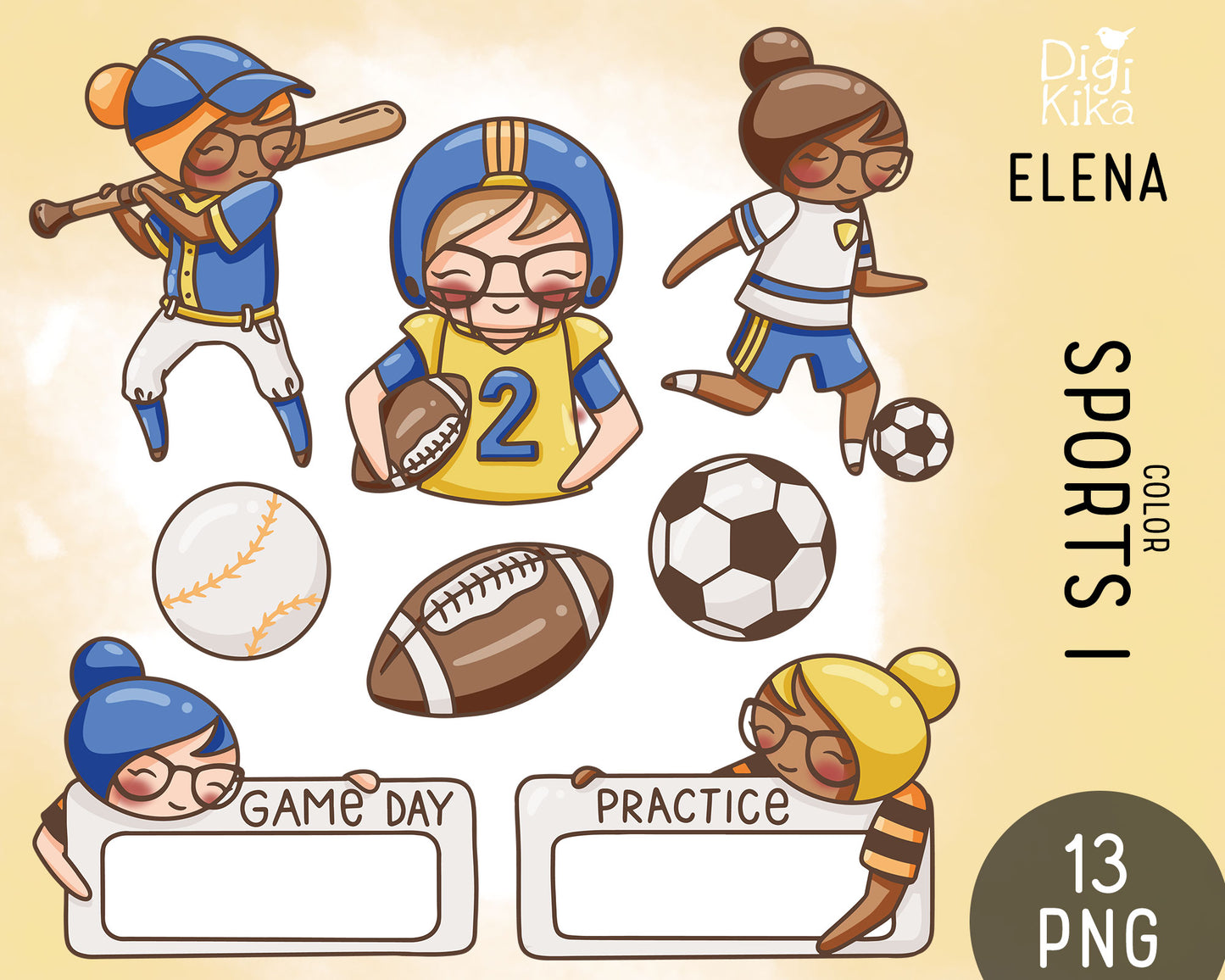 Elena Planner Girl – Sports Set COLOR Clipart – Baseball, Football & Soccer – Labels & Balls – Instant Download PNG