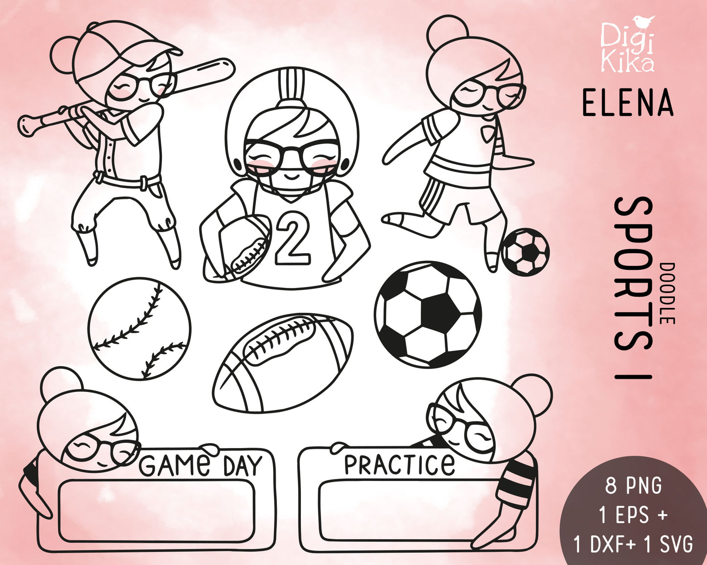 Elena Planner Girl – Sports Set DOODLE Clipart – Baseball, Football & Soccer – Labels & Balls – PNG, SVG, EPS & DXF