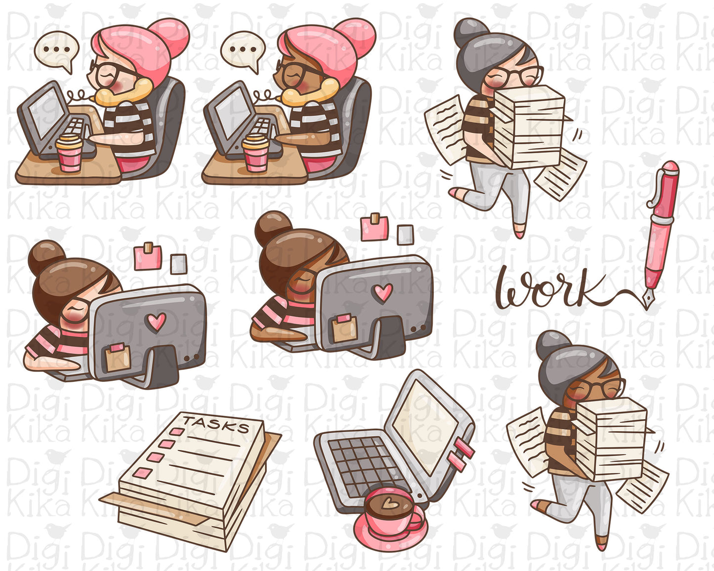 Illustrations of a planner girl working at a computer with various tasks and items on a white background.