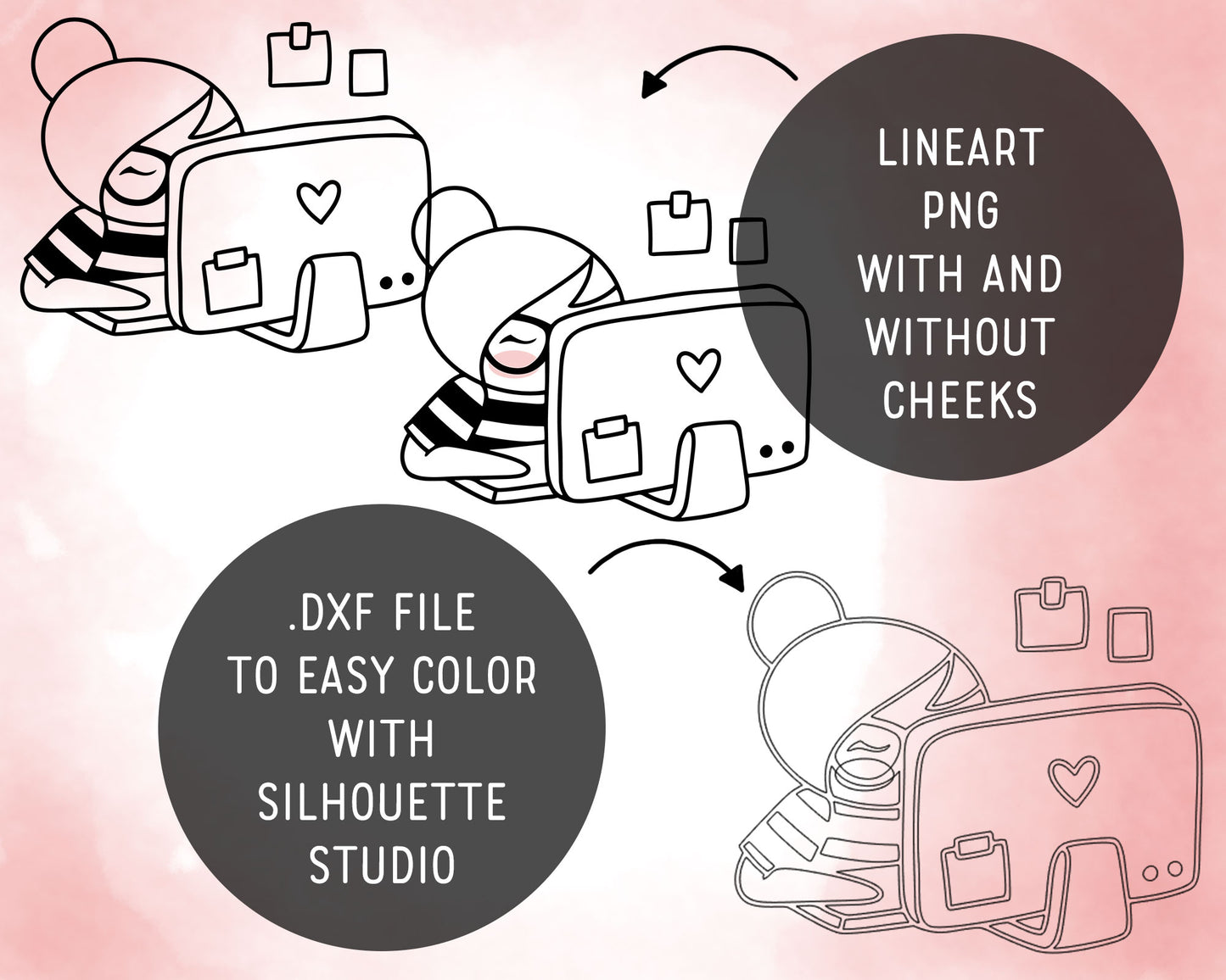 Line art of a character with a phone and suitcase on a pink background, featuring text about file types.