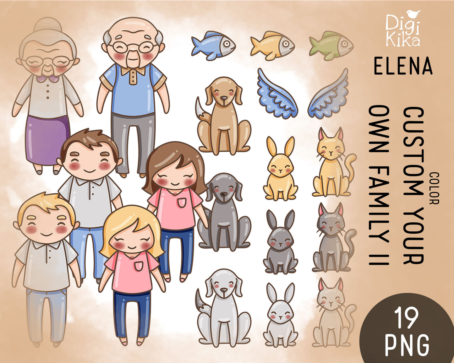 Make Your Own Family Set 2 Light Skin Clipart | Grandparents Pets Teen | PNG | Color