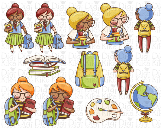 Elena Planner Girl – Back to School COLOR Clipart Set – Books, Backpack & Study – Instant Download PNG