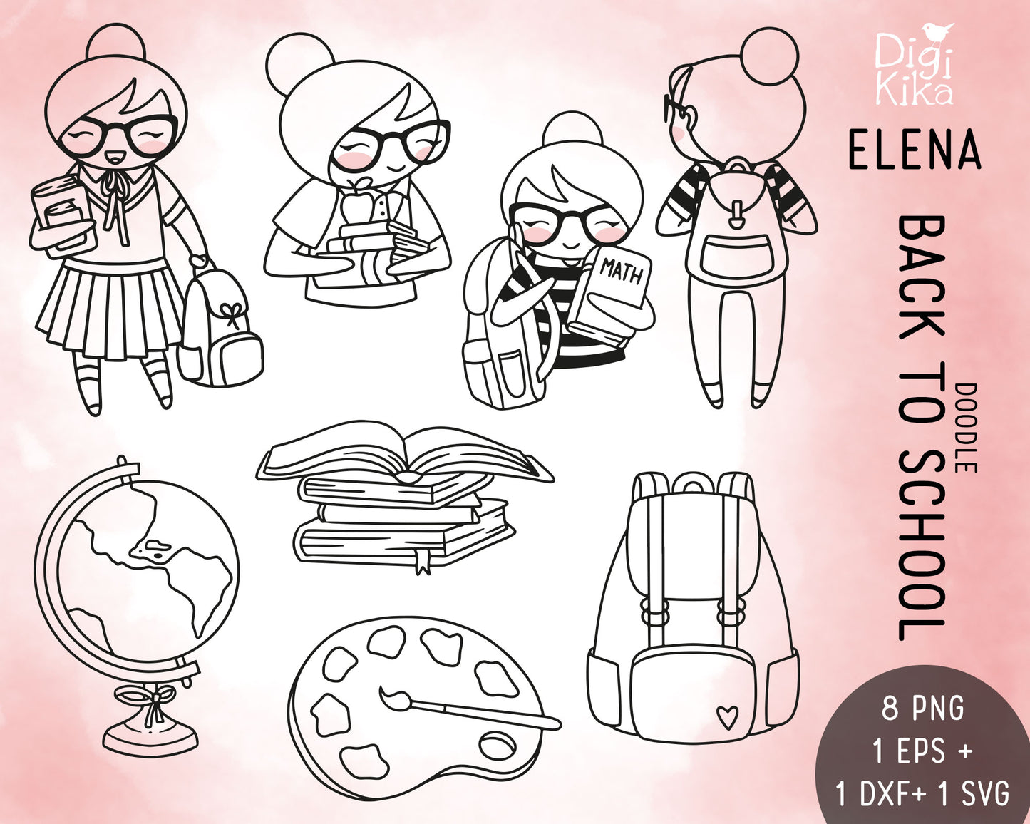 Elena Planner Girl – Back to School DOODLE Clipart Set – Books, Backpack & Study – PNG, SVG, EPS & DXF