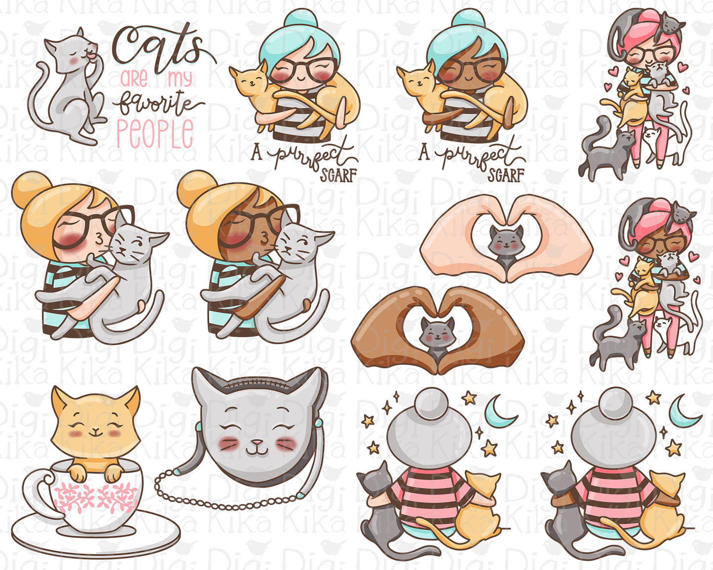 Elena Cat Lover Color Clipart | 2 Skin Tones Kitty Graphics | PNG | Commercial Use | Inclusive
