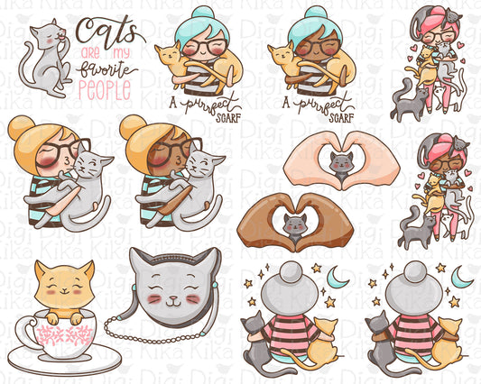 Elena Cat Lover Color Clipart | 2 Skin Tones Kitty Graphics | PNG | Commercial Use | Inclusive