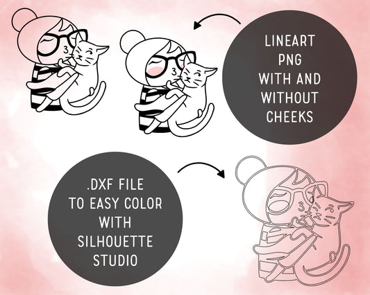 Elena Cat Lover Outline Clipart | Kitty Graphics | EPS SVG DXF PNG | Commercial Use