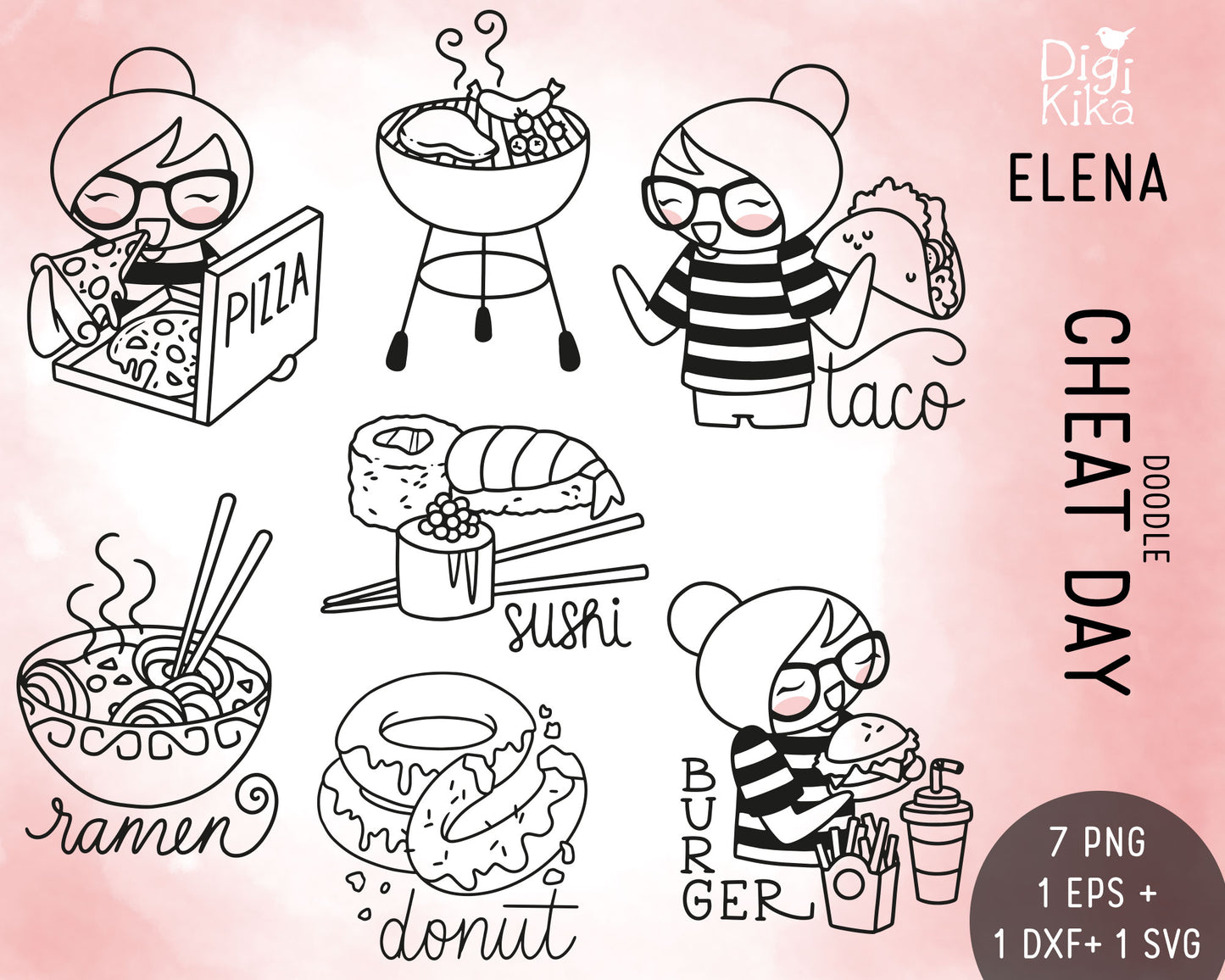 Elena Planner Girl – Cheat Day DOODLE Clipart Set – Takeaway Food Theme – PNG, SVG, EPS & DXF