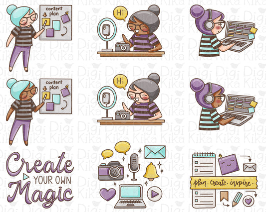 Elena Content Creator Color Clipart | 2 Skin Tones | PNG | Commercial Use | Inclusive