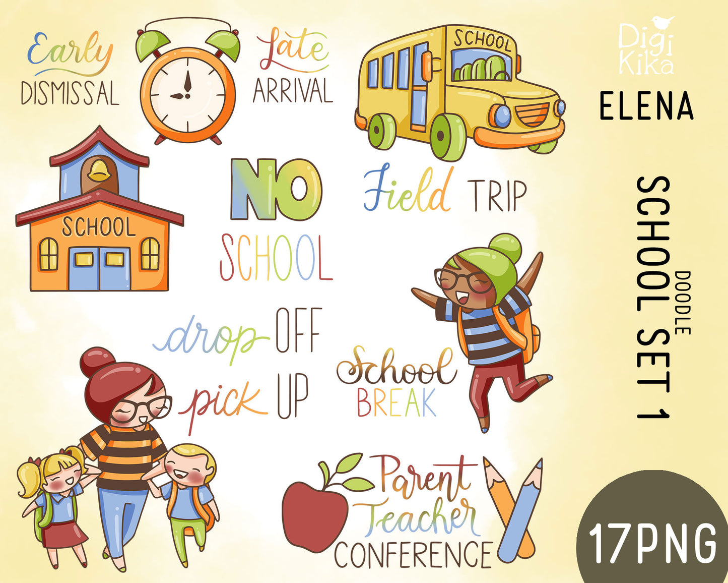 Elena Planner Girl – School Set 1 COLOR Clipart – No School, Field Trip, Early Dismissal & More – Instant Download PNG