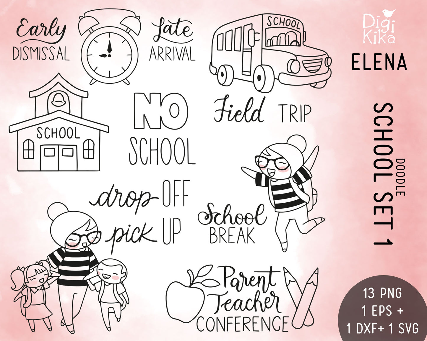 Elena Planner Girl – School Set 1 DOODLE Clipart – No School, Field Trip, Early Dismissal & More – PNG, SVG, EPS & DXF
