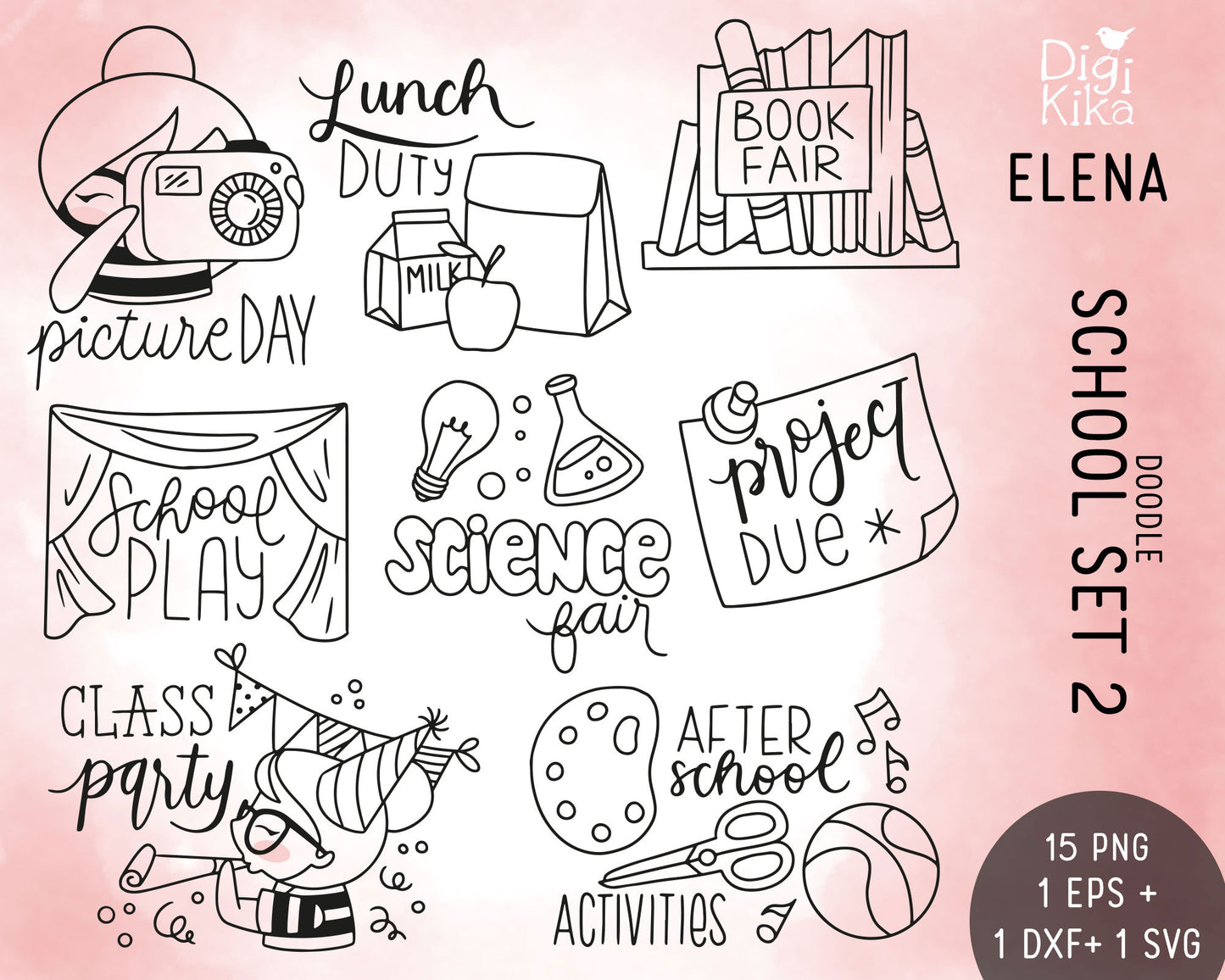 Elena Planner Girl – School Set 2 DOODLE Clipart – Picture Day, Book Fair, Science Fair & More – PNG, SVG, EPS & DXF