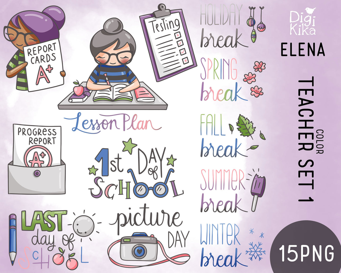 Elena Planner Girl – Teachers Set 1 – COLOR Clipart – School Life Events – Instant Download PNG