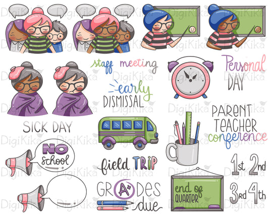 Elena Planner Girl – Teachers Set 2 – COLOR Clipart – Staff Meeting, Sick Day, Field Trip & More – Instant Download PNG