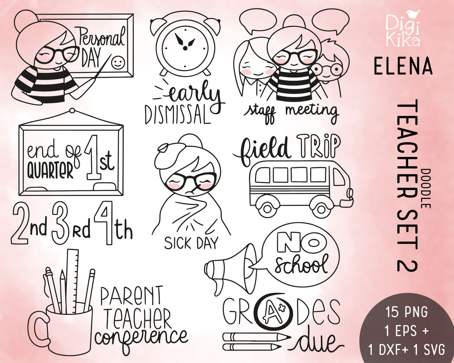 Elena Planner Girl – Teachers Set 2 – DOODLE Clipart – Staff Meeting, Sick Day, Field Trip & More – PNG, SVG, EPS & DXF