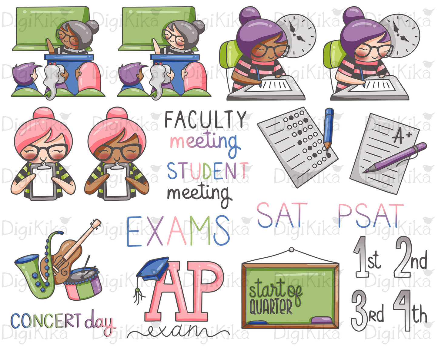 Elena Planner Girl – Teachers Set 3 – COLOR Clipart – Exams, Meetings, Concert Day – Instant Download PNG