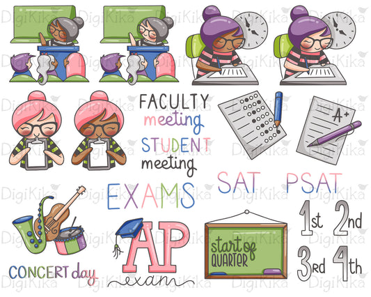 Elena Planner Girl – Teachers Set 3 – COLOR Clipart – Exams, Meetings, Concert Day – Instant Download PNG