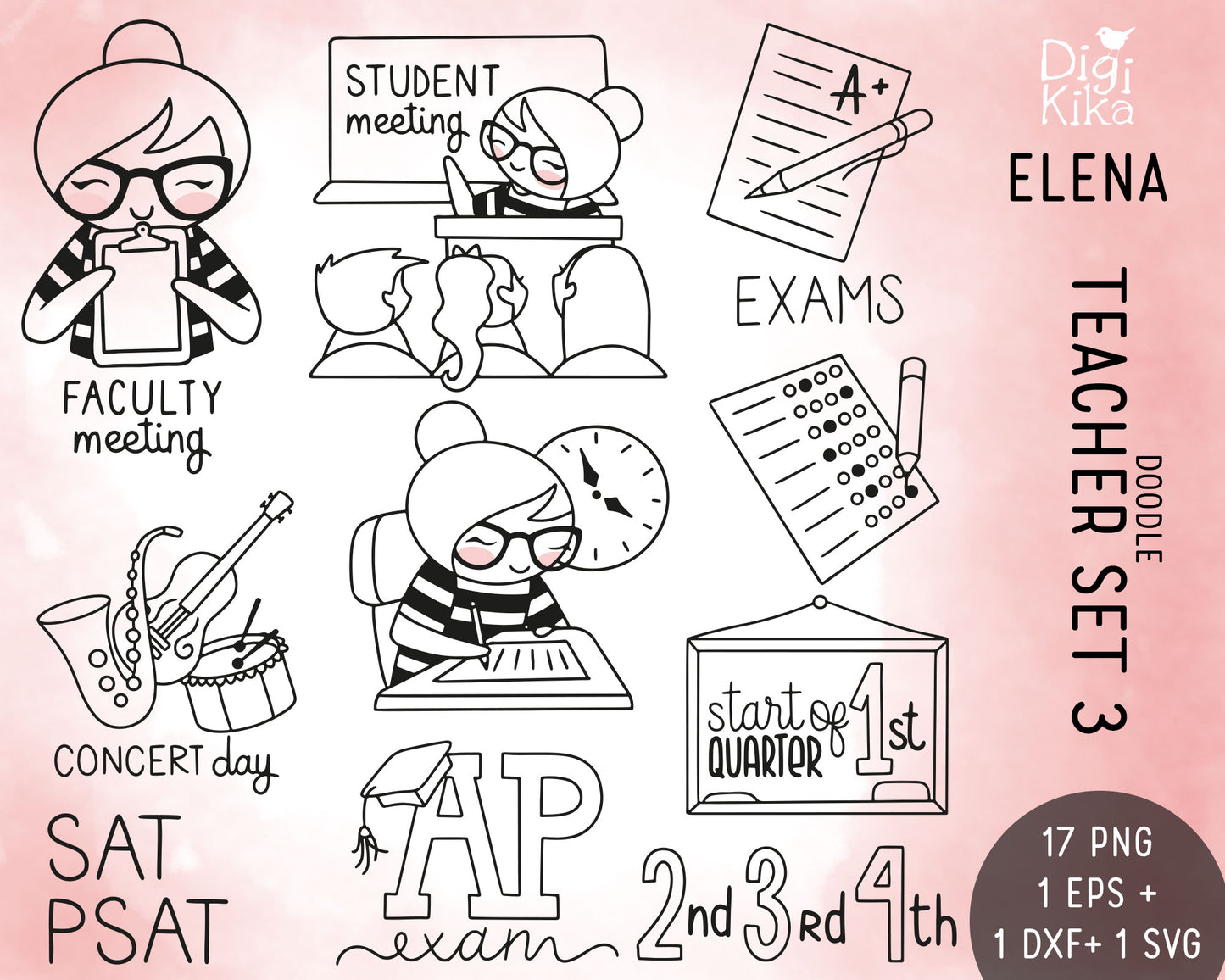 Elena Planner Girl – Teachers Set 3 – DOODLE Clipart – Exams, Meetings, Concert Day – PNG, SVG, EPS & DXF