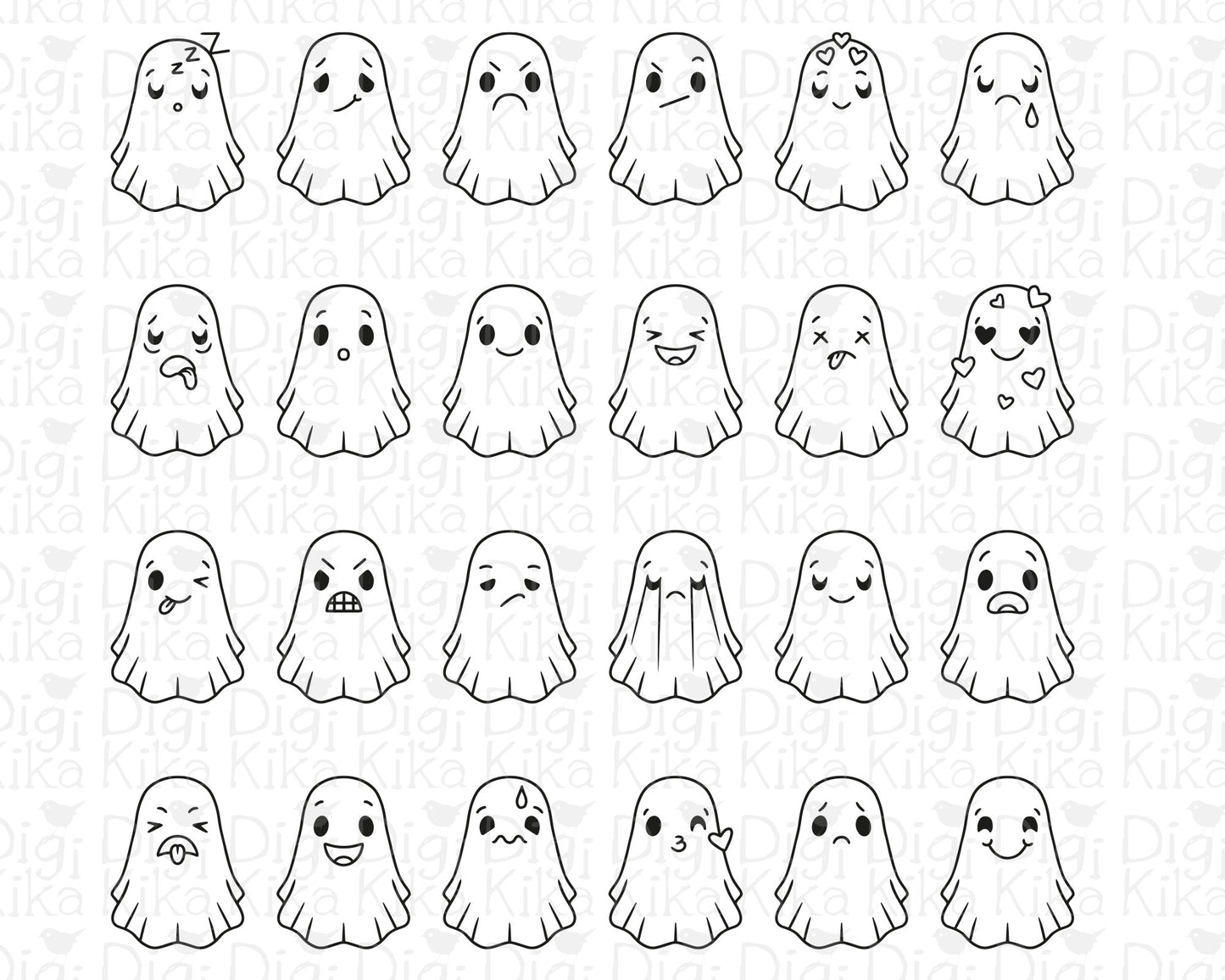 Hauntie Ghost 24 Moods Outline Clipart | Cute Spooky Emotions | EPS SVG DXF PNG | Commercial Use