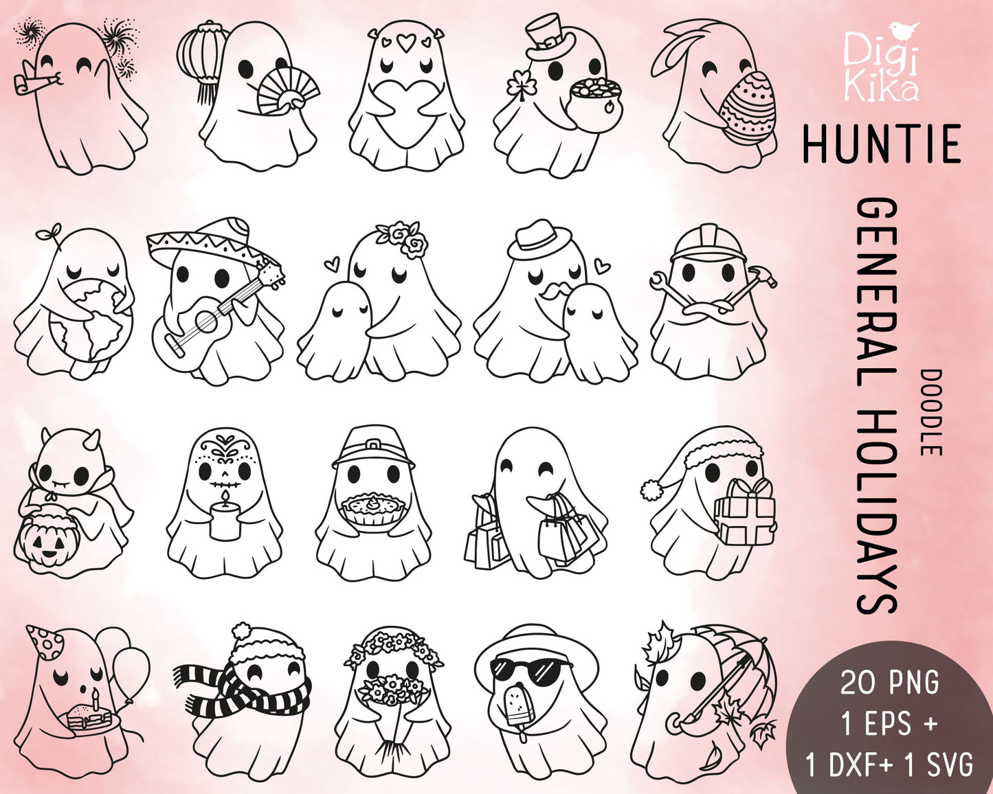 Hauntie Ghost Holidays Outline Clipart | Cute Spooky Graphics | EPS SVG DXF PNG | Commercial Use