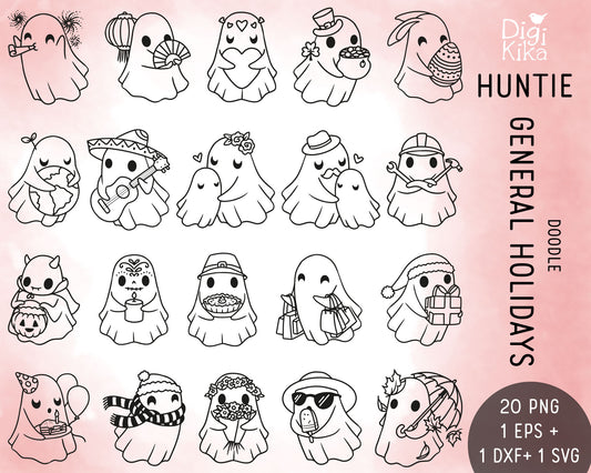 Hauntie Ghost Holidays Outline Clipart | Cute Spooky Graphics | EPS SVG DXF PNG | Commercial Use