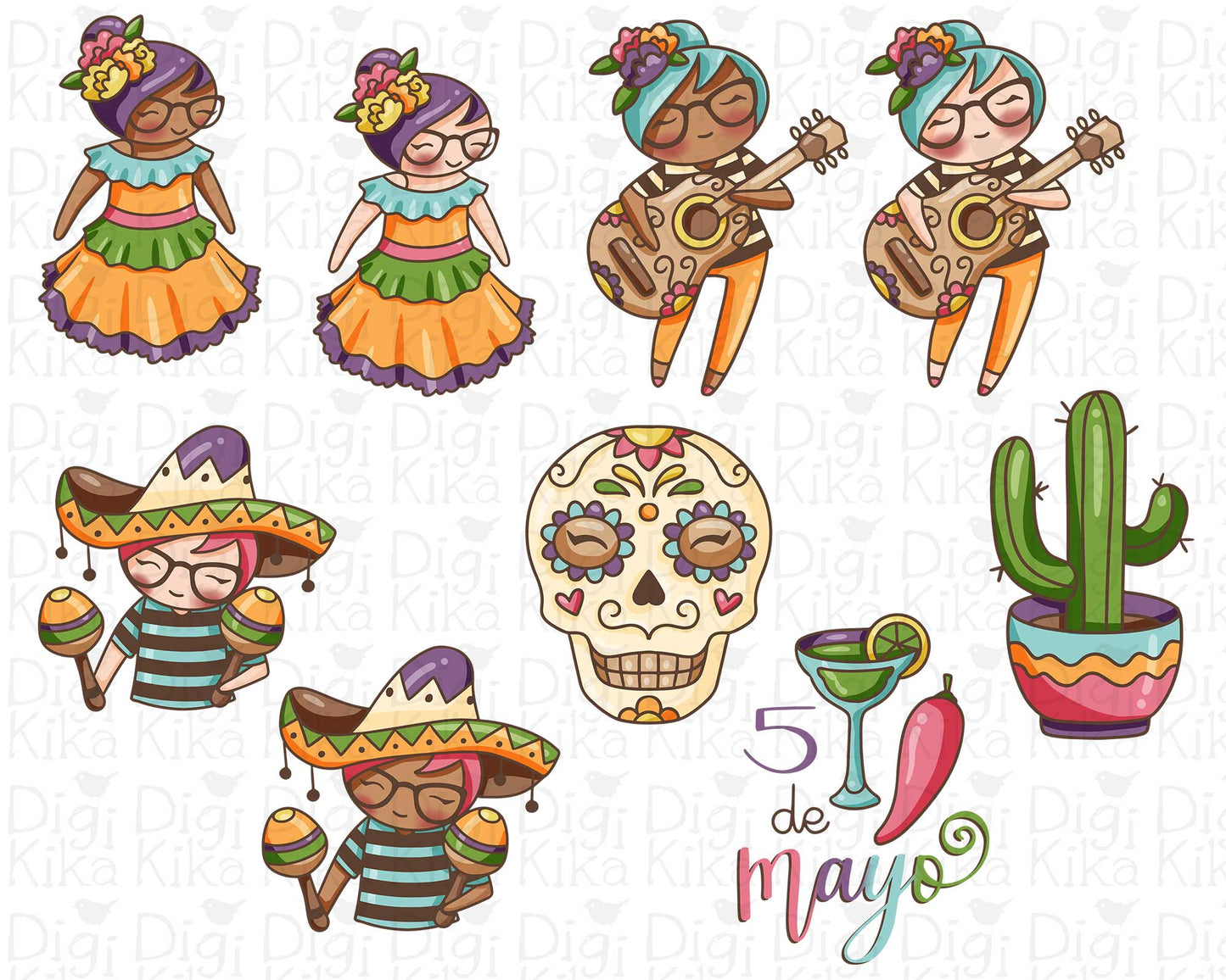 Set of colorful illustrations featuring Mexican-themed characters and elements on a white background.