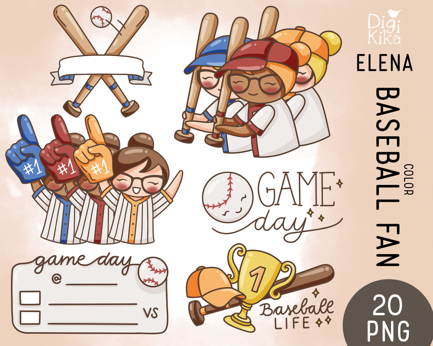 Elena Planner Girl – Baseball Fan COLOR Clipart Set – 2 Skin Tones – Team Spirit & Sports