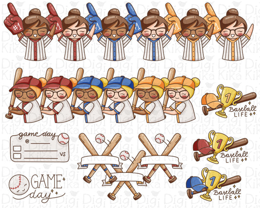 Elena Planner Girl – Baseball Fan COLOR Clipart Set – 2 Skin Tones – Team Spirit & Sports