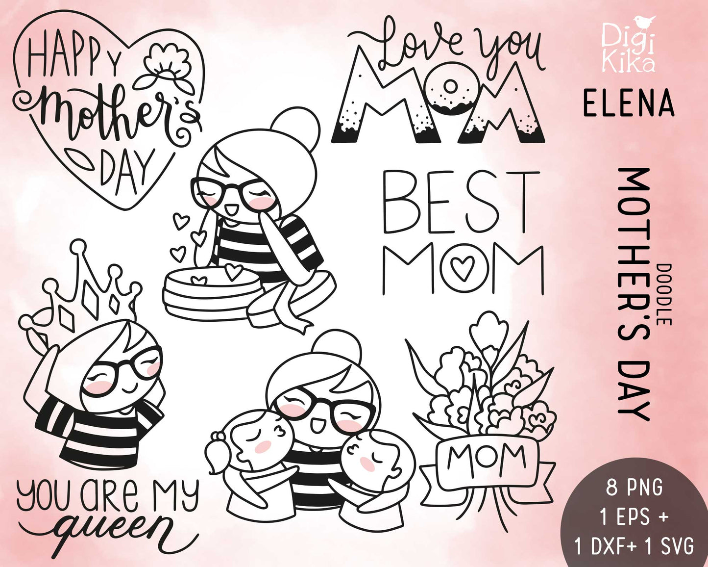 Mother's Day-themed digital stamps with cartoon characters and text on a pink background.