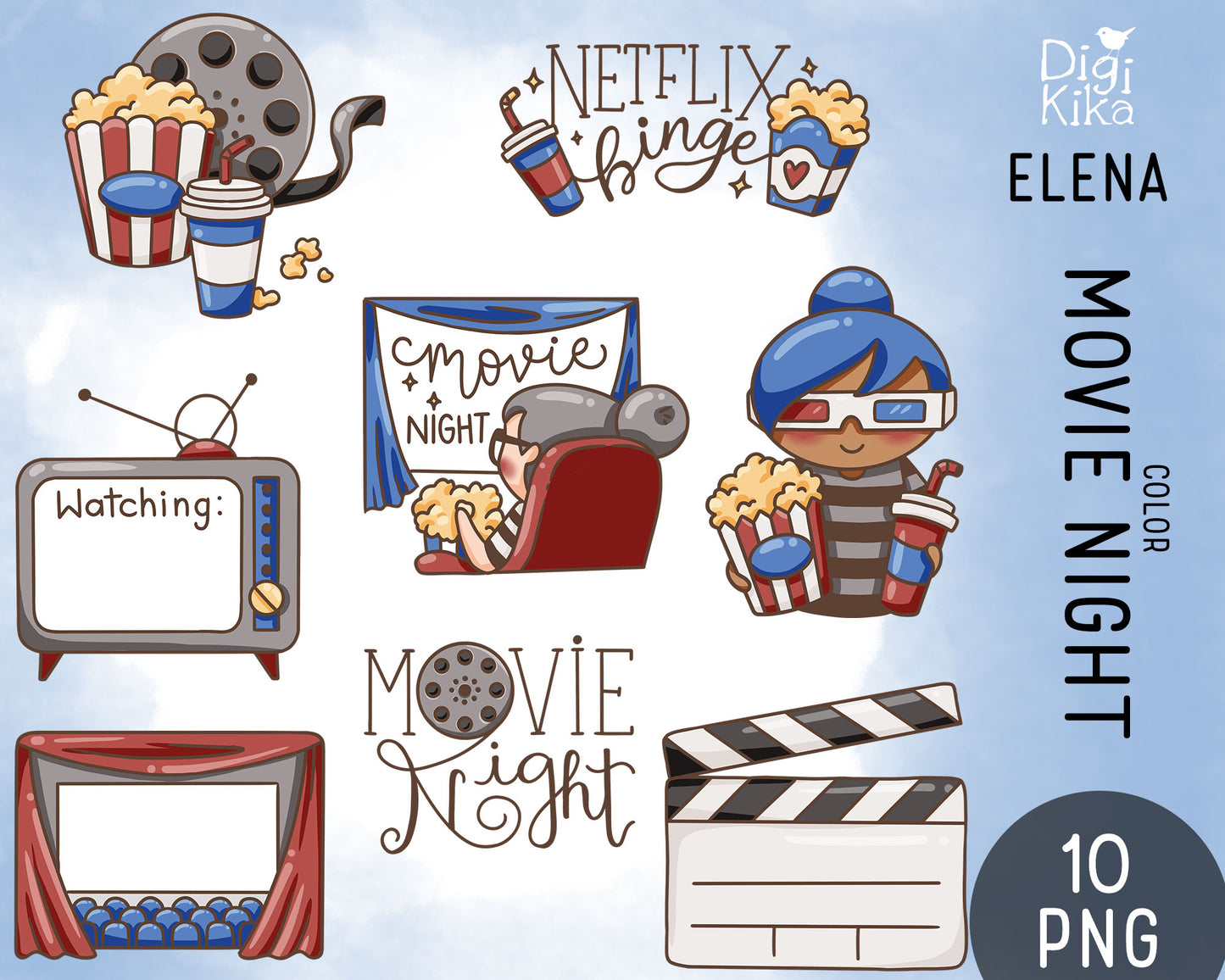 Elena Planner Girl – Movie Night Color Clipart – 2 Skin Tones – Cozy Popcorn Theme – PNG Instant Download