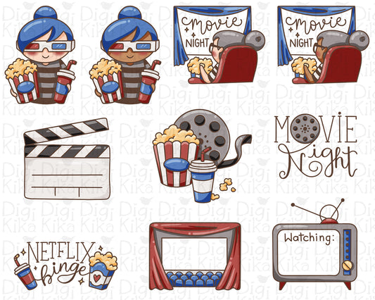 Elena Planner Girl – Movie Night Color Clipart – 2 Skin Tones – Cozy Popcorn Theme – PNG Instant Download