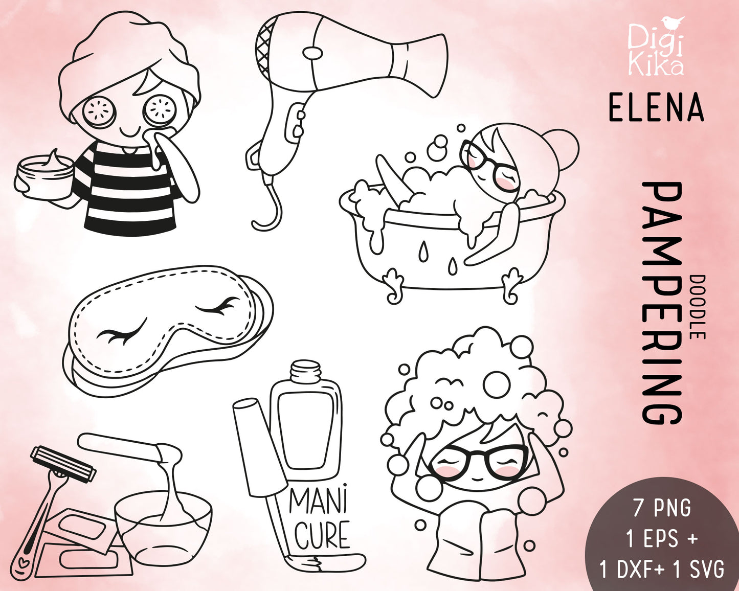 Pampering Stamp Clipart set - Elena the Planner Girl - PNG/EPS/SVG/DXF