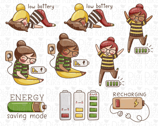 Recharging Clipart Set – Elena the Planner Girl – Low Battery Color Illustrations