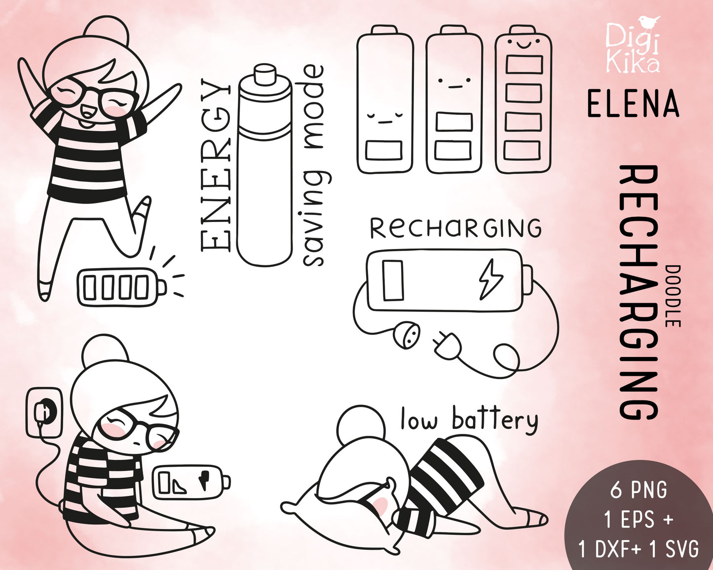 Recharging Clipart Set – Elena the Planner Girl – Low Battery Stamp Illustrations