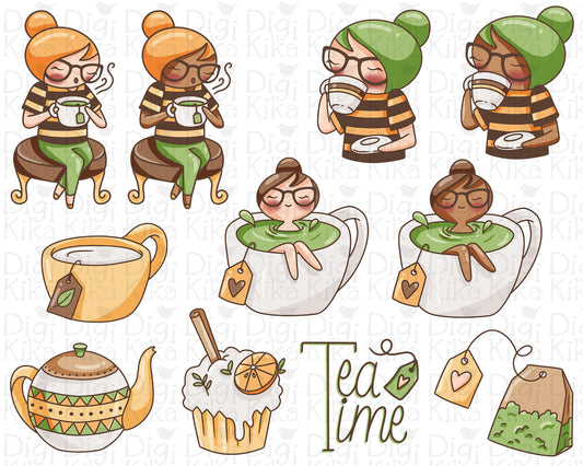 Tea Time Clipart Set – Elena the Planner Girl – Cozy Color Illustrations