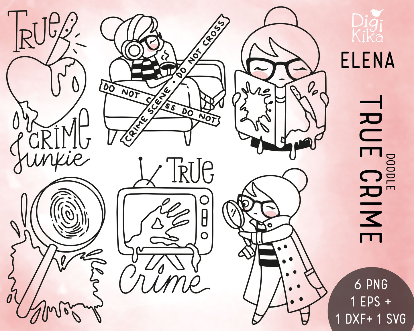 True Crime Clipart Set – Elena the Planner Girl – Detective Stamp Illustrations