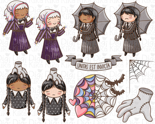 Wednesday TV Show Fan Art Clipart – 2 Skin Tones Color Edition (Elena Style)