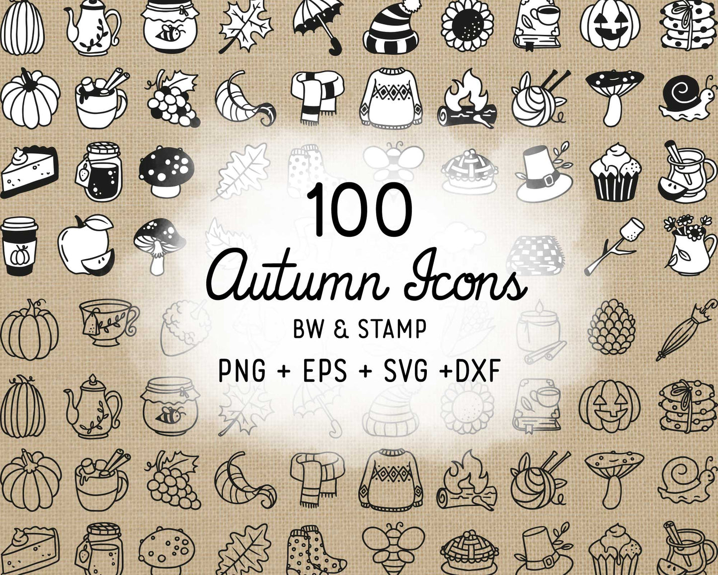 50 Fall Icons STAMP Bundle - EPS, SVG, DXF, PNG Clipart - Instant Download