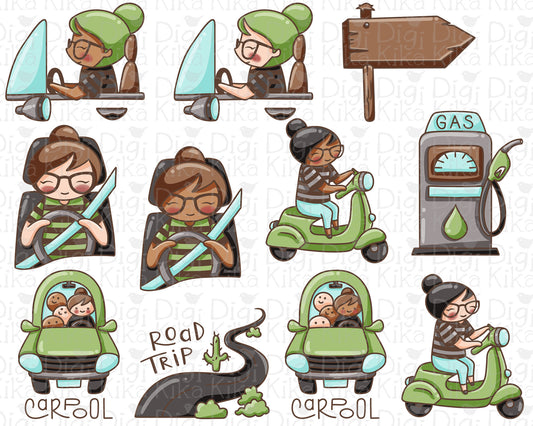 Elena Driving Hand Drawn Color Clipart | 2 Skin Tones | PNG Only