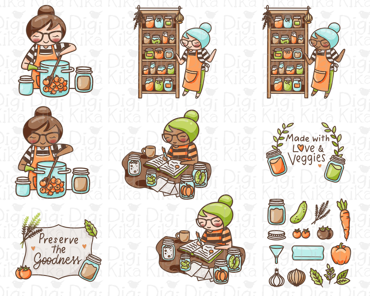 Elena Canning Veggies Color Clipart | 2 Skin Tones Preserving | PNG | Commercial Use | Inclusive