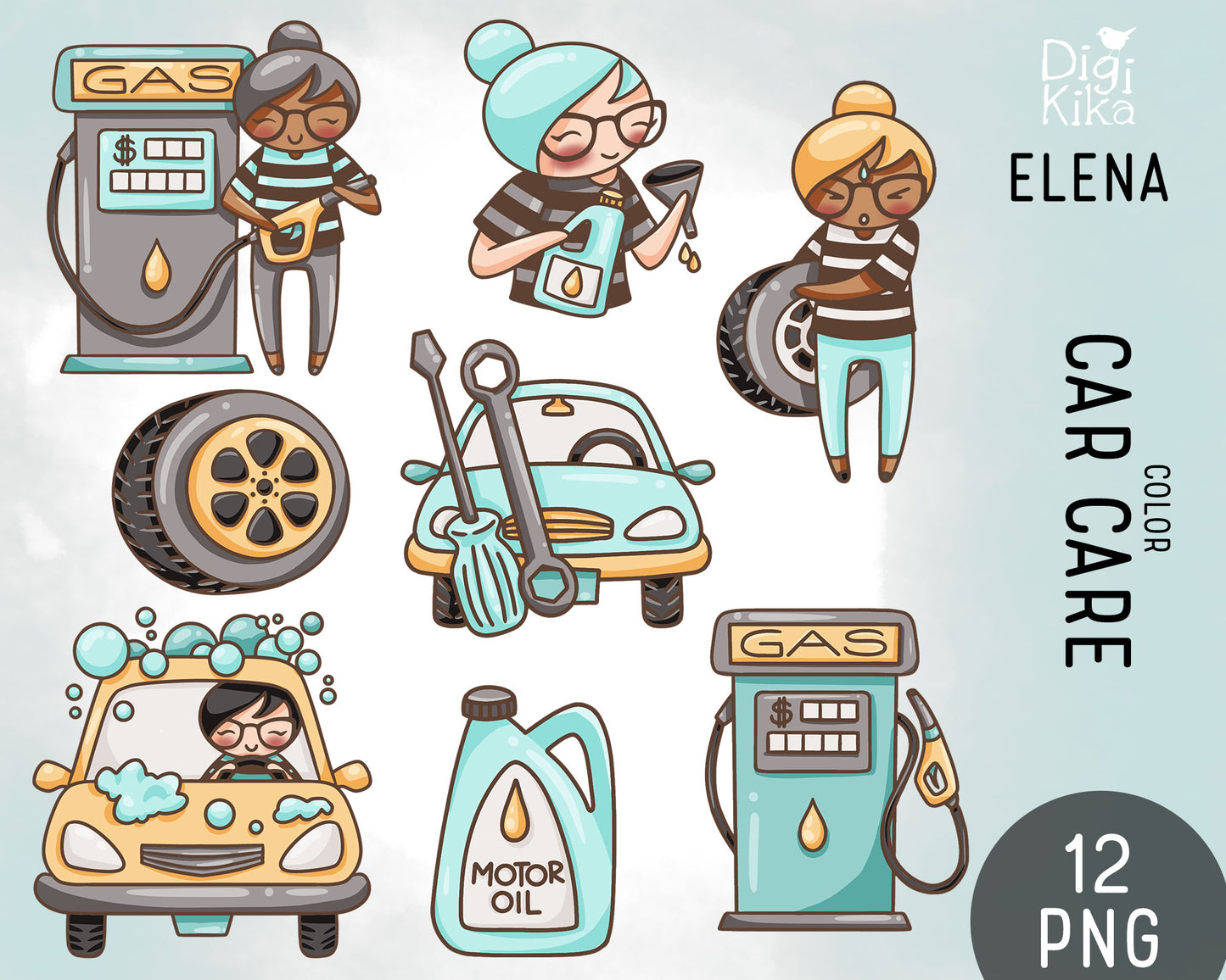 Elena Car Care – COLOR (2 Skin Tones) Clipart Set – PNG Instant Download