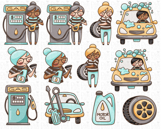 Elena Car Care – COLOR (2 Skin Tones) Clipart Set – PNG Instant Download