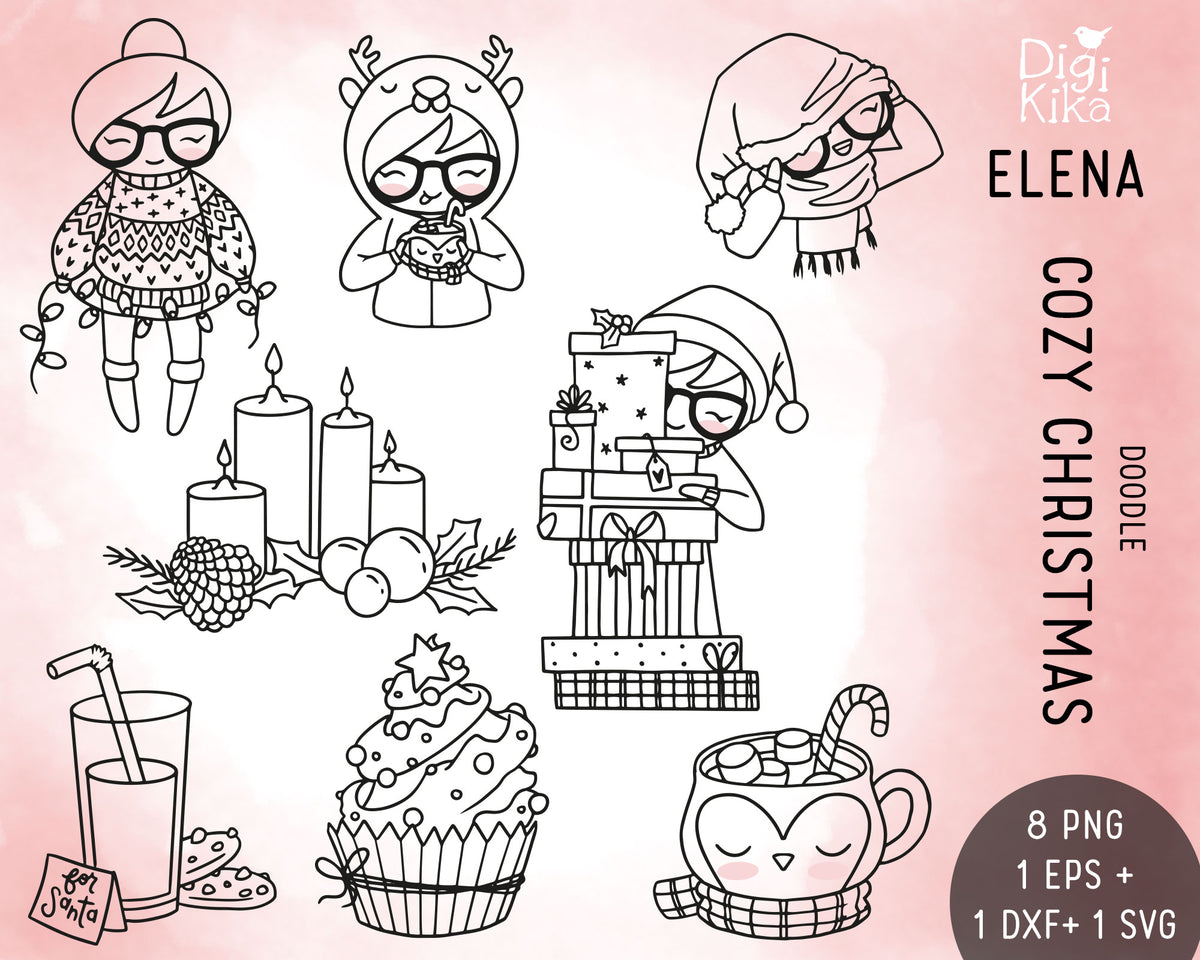 Elena Cozy Christmas Doodle Clipart | Outline EPS SVG DXF PNG