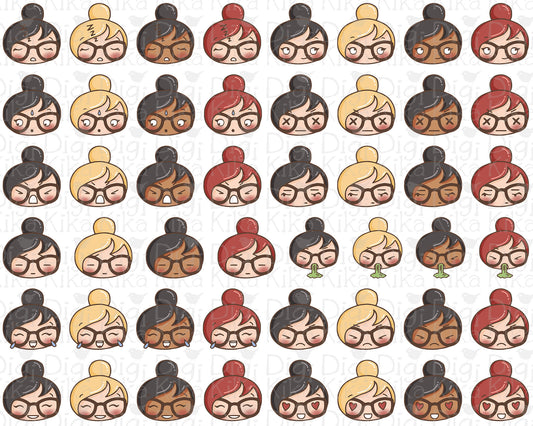 Set of Bum hair girl in inclusive skin tones and hair color and different moods on a white background.
