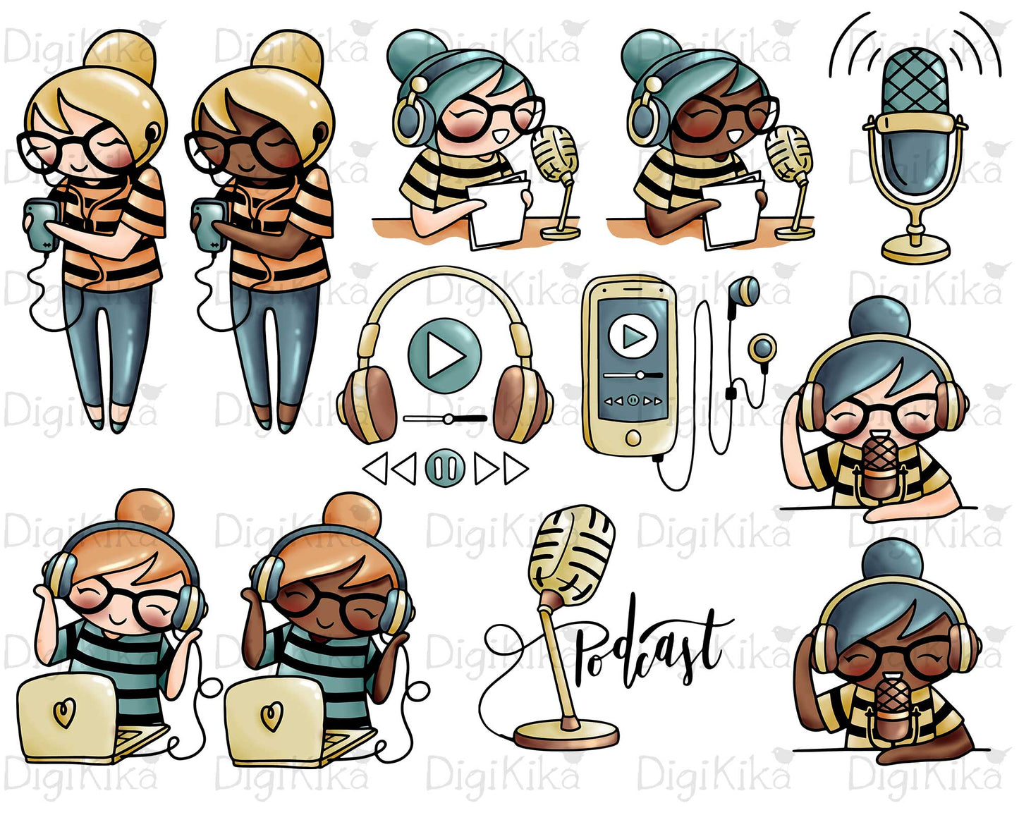 Elena Podcast Color Clipart | 2 Skin Tones Audio Graphics | PNG | Inclusive