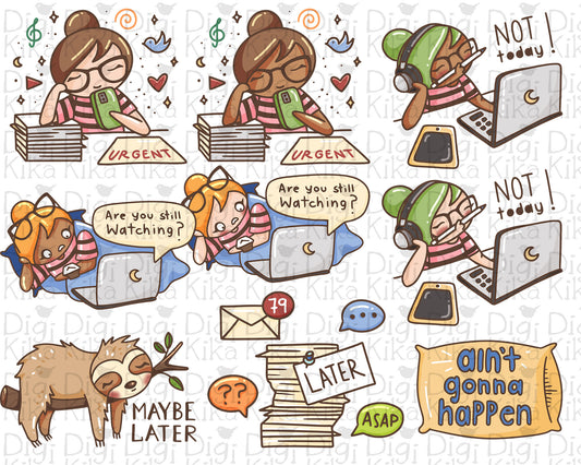 Illustrations of chibi character with distracted expressions and text on a white background