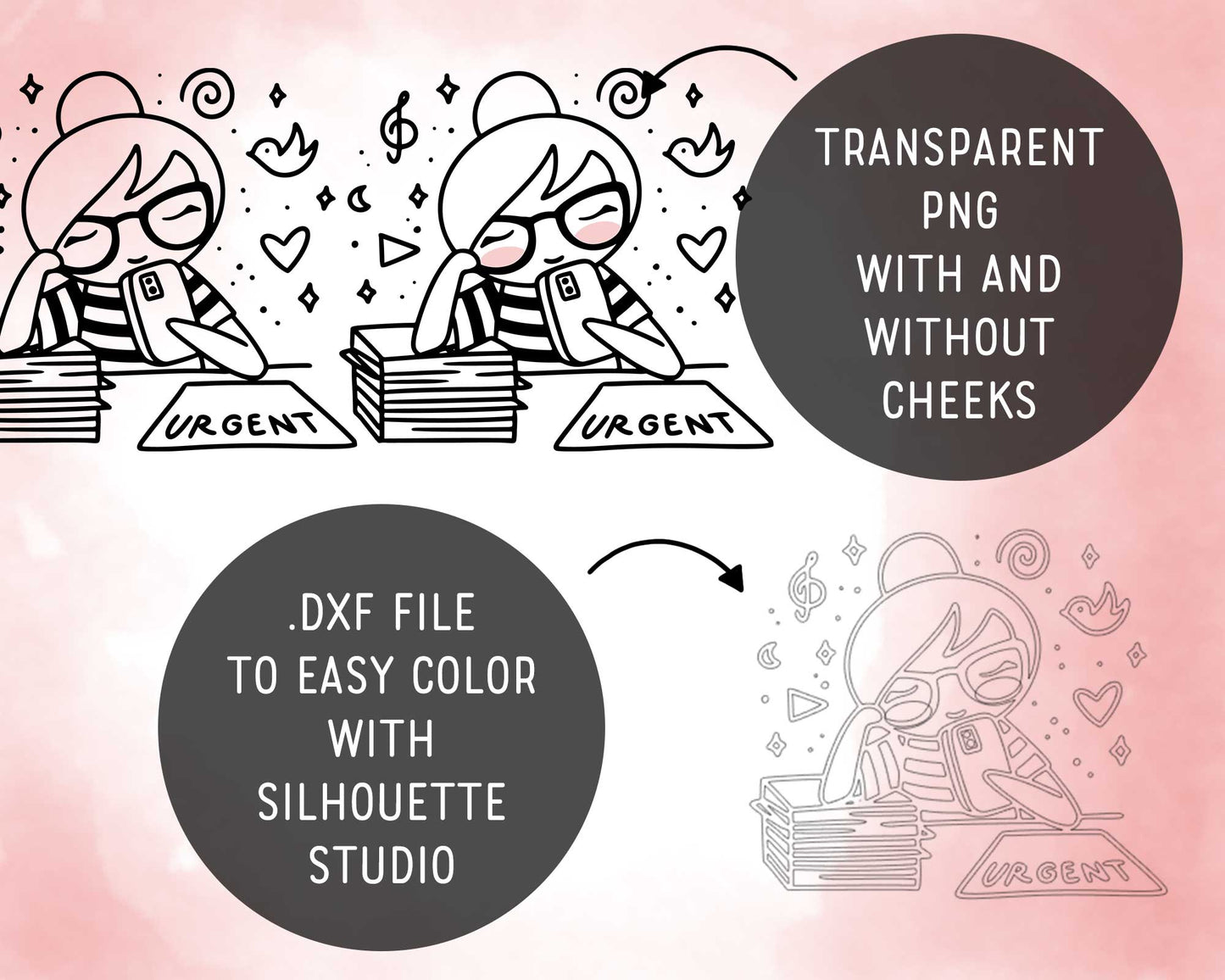Illustration of a character with text and icons on a pink gradient background