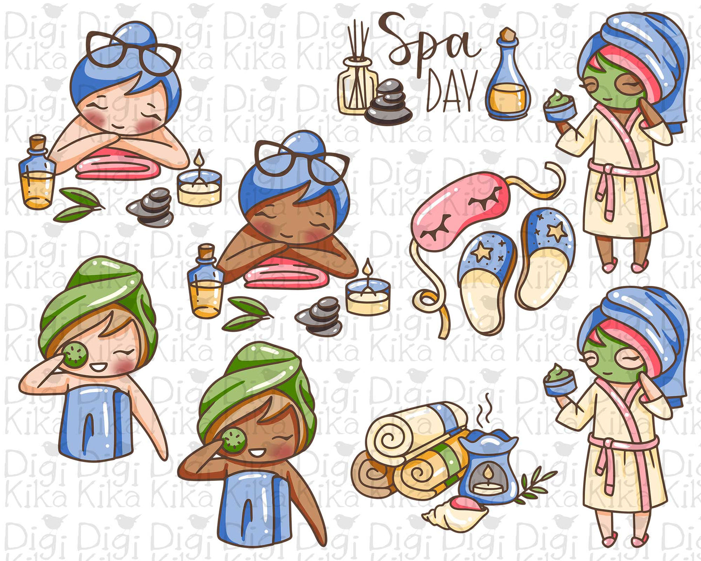Elena Spa Day Color Clipart | 2 Skin Tones Relaxation Graphics | PNG | Inclusive