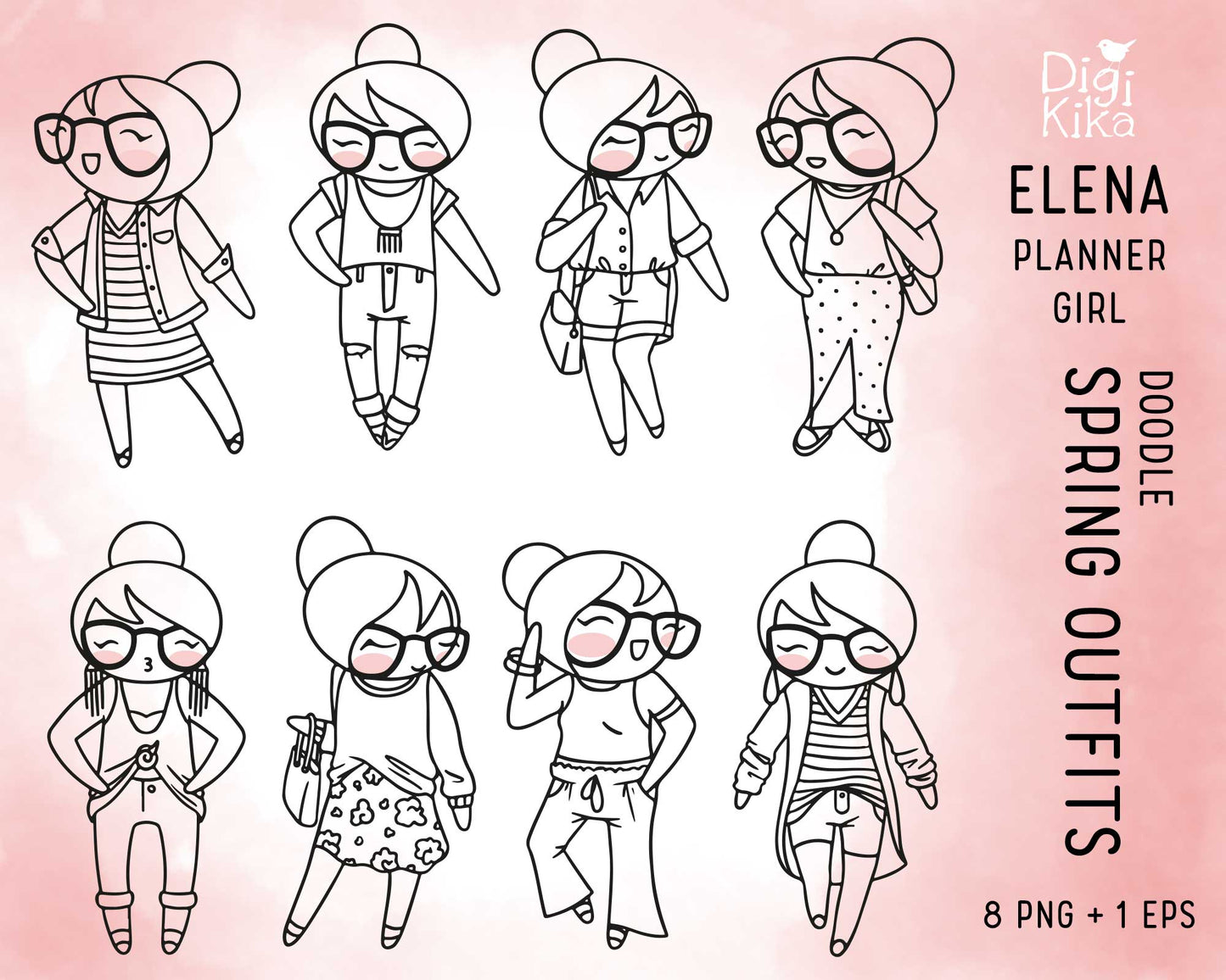 Elena Spring Outfits Outline Clipart | Fashion Graphics | EPS SVG DXF PNG | Commercial Use