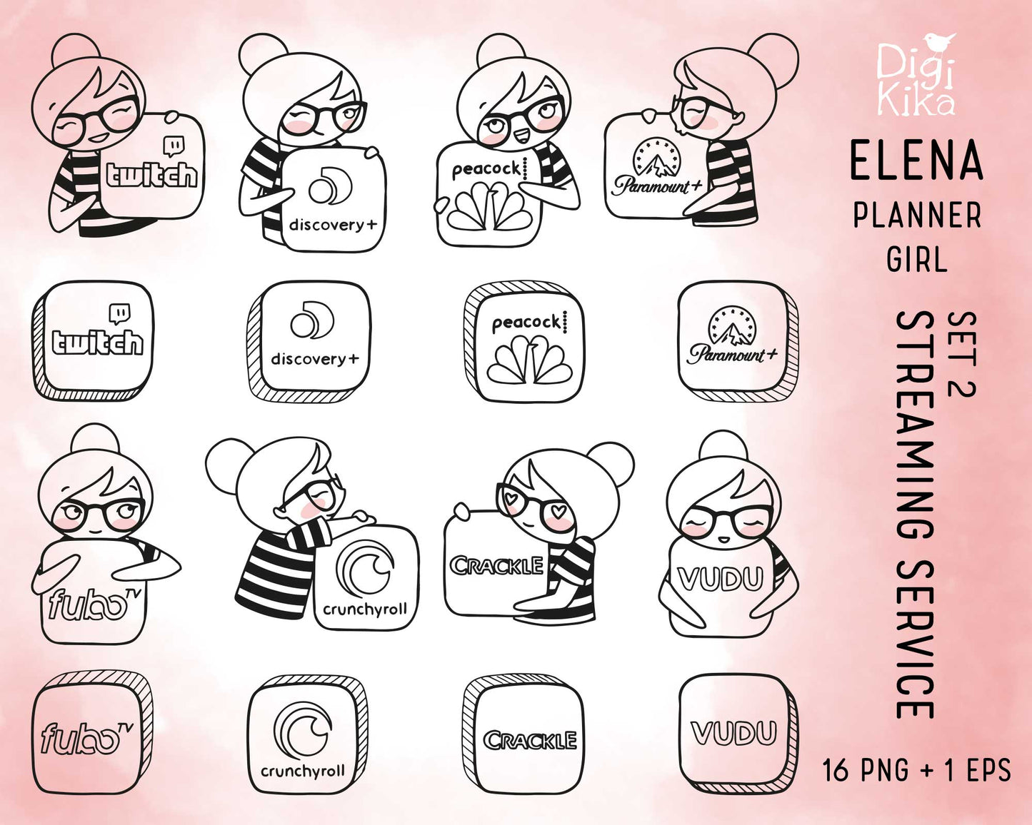 Streaming Services Set 2 – Elena Planner Girl – STAMP Clipart – Twitch, Paramount, Peacock & More – PNG, SVG, EPS & DXF