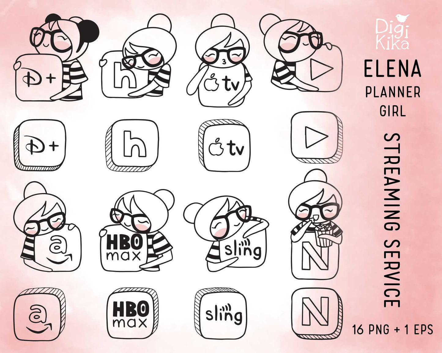 Streaming Services Set 1 – Elena Planner Girl – STAMP Clipart – Netflix, Hulu, Disney+ & More – PNG, SVG, EPS & DXF
